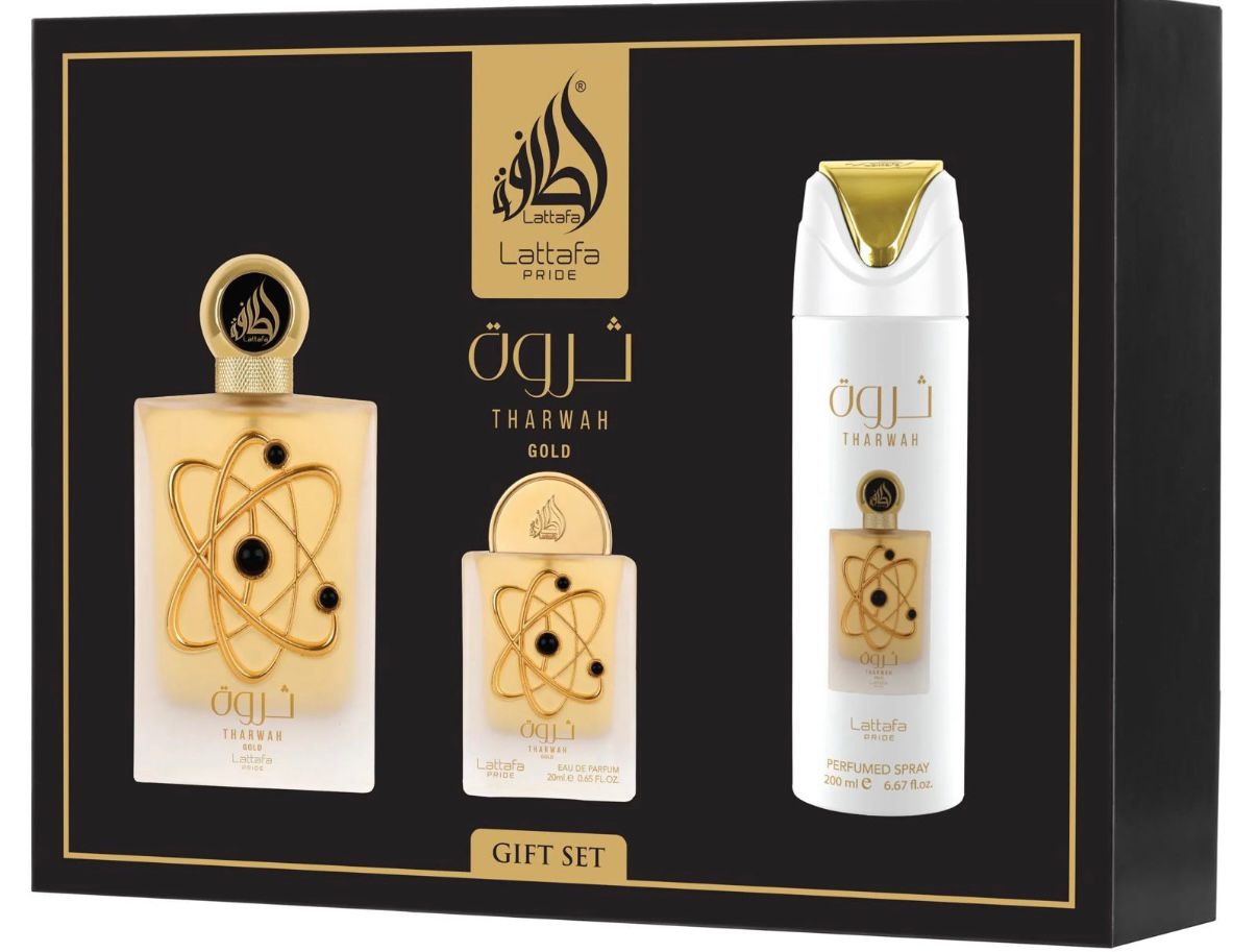 Lattafa Pride Tharwah Gold Gift Set – Luxury Perfume Set (100ml EDP + 200ml Spray + 20ml Mini)