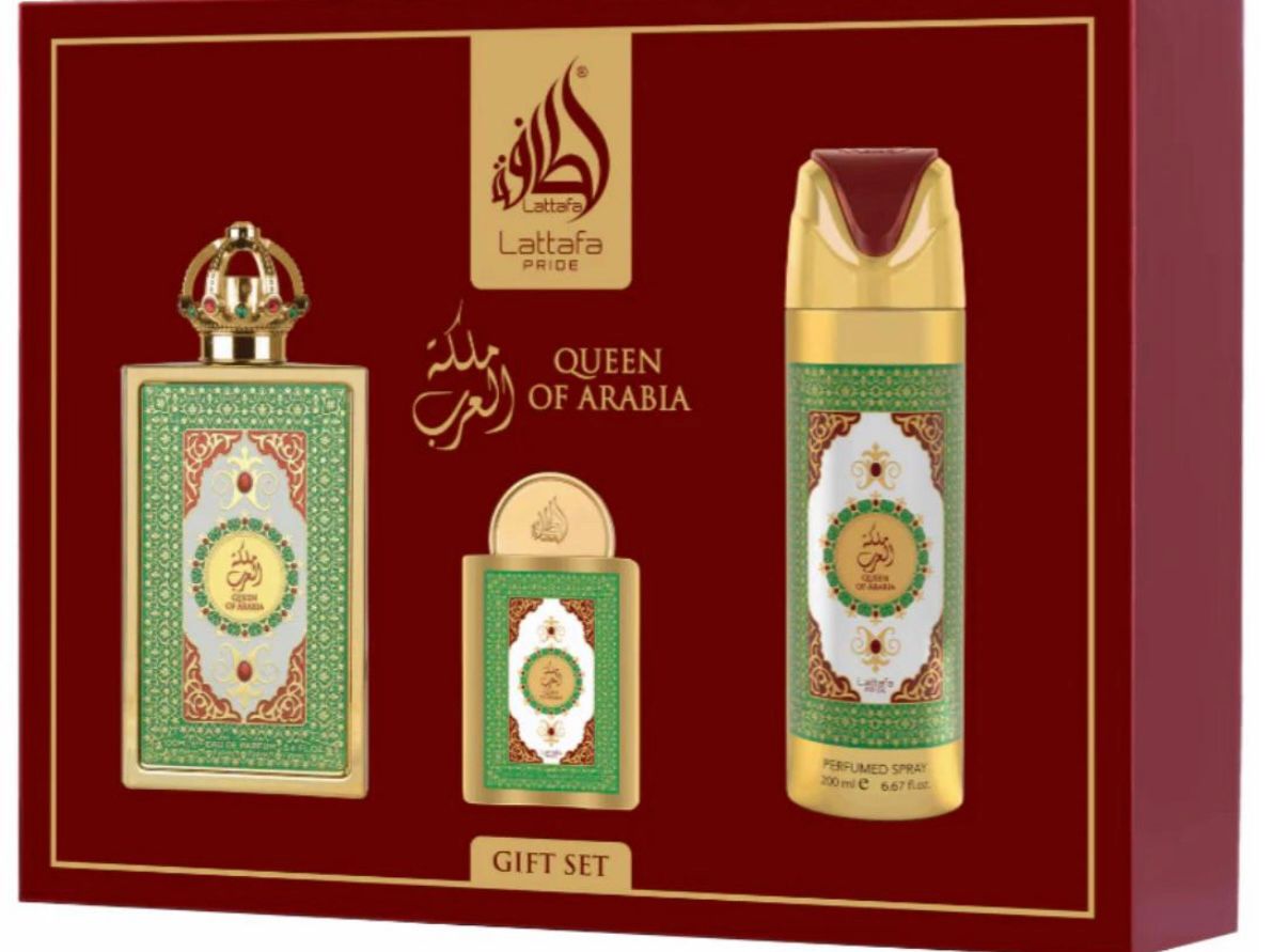 Lattafa Pride Queen of Arabia Gift Set – Luxury Perfume Set (100ml EDP + 200ml Spray + 20ml Mini)