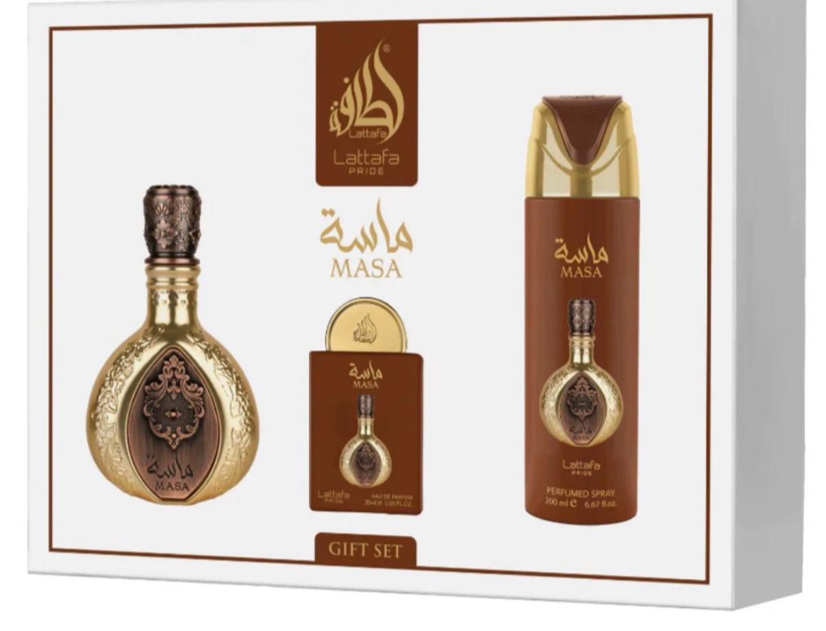 Lattafa Pride Masa Gift Set – Luxury Perfume Set (100ml EDP + 200ml Spray + 20ml Mini)