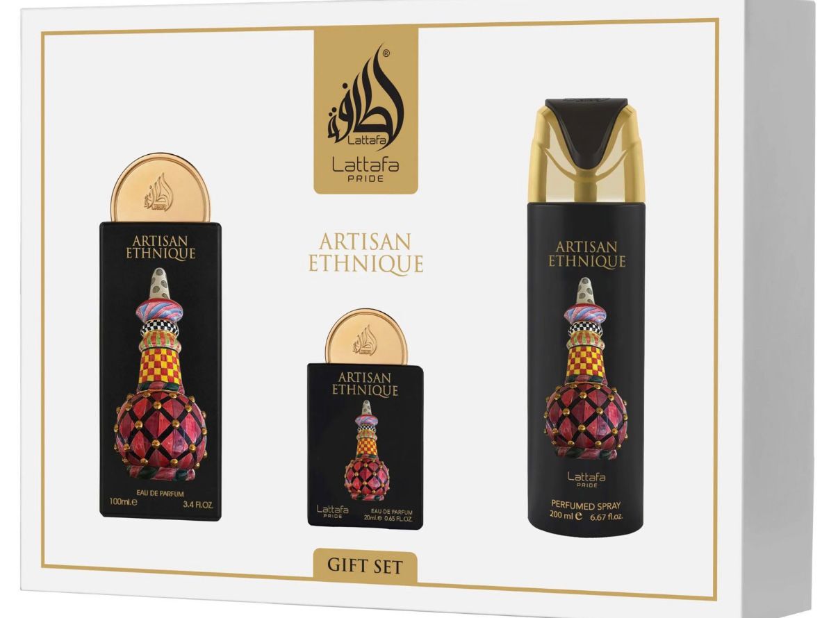 Lattafa Pride Artisan Ethnique Gift Set – Luxury Perfume Set (100ml EDP + 200ml Spray + 20ml Mini)