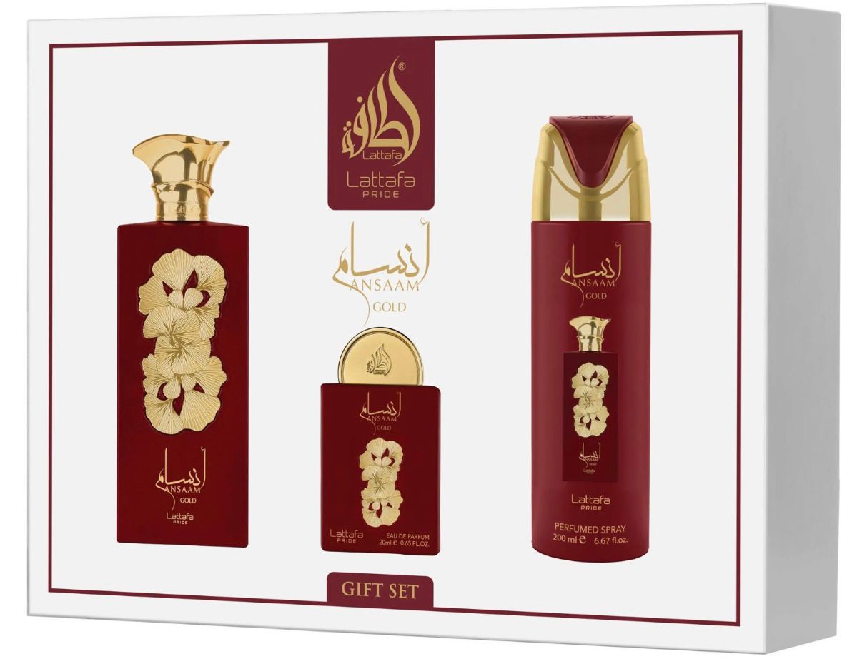 Lattafa Pride Ansaam Gold Gift Set – Luxury Perfume Set (Eau de Parfum + Spray + Mini) for Women